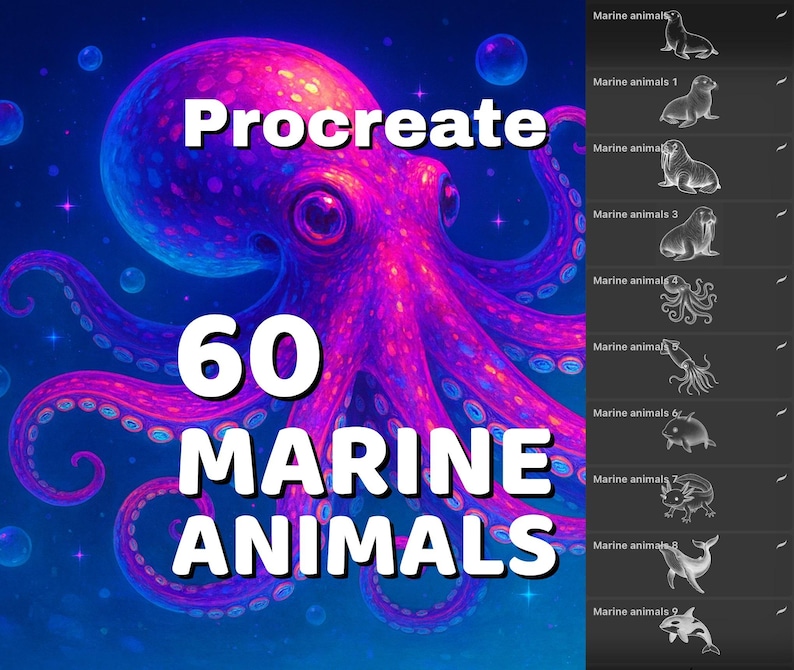 Procreate 60 Marine animals stamps