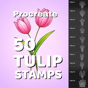 May include: A digital art graphic featuring two pink tulips with green leaves, and the text "Procreate 50 TULIP STAMPS" in white. The image also shows a list of tulip stamp designs.