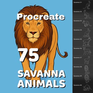 Procreate 75 Savanna animals stamps, includes lions, giraffes, elephants