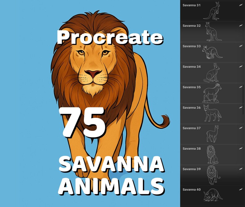Procreate 75 Savanna animals stamps, includes lions, giraffes, elephants
