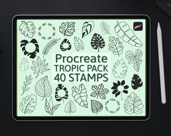 40 timbres de feuilles tropiques, timbres Procreate, pinceaux Procreate, pinceaux iPad, timbres de feuilles de palmier, ensemble de timbres Tropic, pinceau numérique pour Procreate