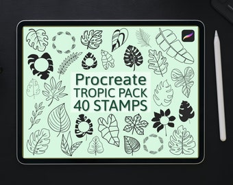 40 Tropic leaf stamps, Procreate jungle brushes, Monstera & Palm leaves, Exotic leaf frames