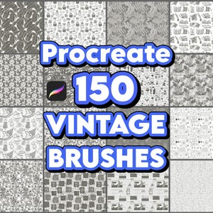 Puede incluir: Un producto de arte digital que presenta una cuadrícula de 15 patrones de pinceles vintage únicos. La imagen incluye el texto "Procreate 150 Vintage Brushes" en un diseño azul y blanco, junto con el logotipo de la aplicación Procreate.