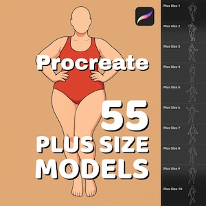 May include: An illustration for Procreate featuring a plus-size model in a red swimsuit. The image includes the text "Procreate 55 PLUS SIZE MODELS" and a side panel with plus-size model poses. The background is a solid tan color.