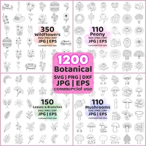 May include: A selection of black and white botanical illustrations, featuring wildflowers, peonies, leaves, branches, and mushrooms. The image includes the text "1200 Botanical" and file type information for commercial use.