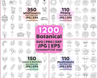 1200 Botanical mega bundle for Wedding Stationery, Wildflowers SVG PNG EPS, Mushrooms & flowers set