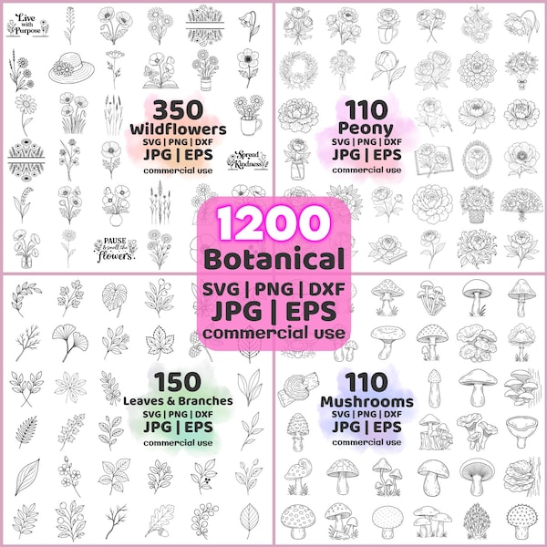 1200 Botanical mega bundle for Wedding Stationery, Wildflowers SVG PNG EPS, Mushrooms & flowers set