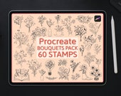 60 Bouquet stamps, Floral Procreate brushes, Fineline flowers stamps pack for Tattoo & Wedding invitations