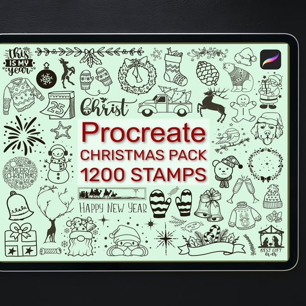 Lot de 1200 timbres de Noël, timbres Procreate, pinceaux Procreate, timbres d'hiver, pack de pinceaux iPad, ensemble de timbres Père Noël, palette Eve Procreate