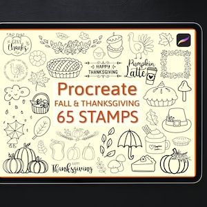 May include: A digital illustration of 65 black and white stamps for Procreate featuring fall and Thanksgiving themes. The stamps include images of pumpkins, leaves, pie, a turkey, a coffee cup, a mushroom, an umbrella, and more.