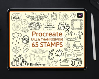 65 Fall Thanksgiving stamps, Autumn Procreate brushes, Pumpkin set, Food & leaves holiday stamps pack