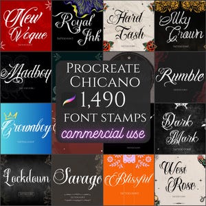 May include: A digital product image featuring a collection of tattoo fonts. The fonts are displayed in various styles and colors, with names like "New Vogue," "Royal Ink," and "Hard Lash." The image also includes the text "Procreate Chicano 1,490 Font Stamps commercial use."