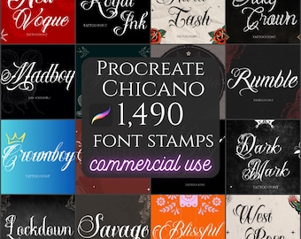 1490 Procreate Chicano font stamps for Tattoo, Calligraphy bundle, Digital lettering kit, Procreate alphabet