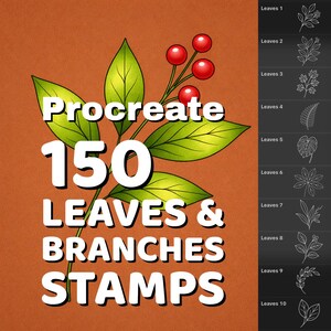 May include: Digital art asset featuring a stylized green leaf and red berry branch. The image includes the text "Procreate 150 LEAVES & BRANCHES STAMPS" in white. A panel on the right displays leaf stamp examples.