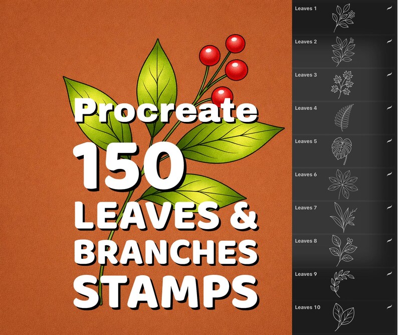 May include: Digital art asset featuring a stylized green leaf and red berry branch. The image includes the text "Procreate 150 LEAVES & BRANCHES STAMPS" in white. A panel on the right displays leaf stamp examples.