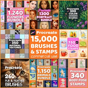 May include: A digital collection of Procreate brushes and stamps featuring various bundles including 1,240 flowers, 1,300 portraits, 300 color-changing brushes, 350 material textures, 750 food stamps, 260 fur and feather brushes, 1,150 animals, and 340 body poses.