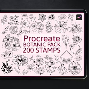 May include: A digital art pack displayed on a tablet, featuring a collection of 200 botanical stamps for the Procreate app. The stamps include various line art flowers, leaves, and floral arrangements, all in black and white.