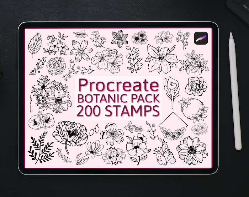 May include: A digital art pack displayed on a tablet, featuring a collection of 200 botanical stamps for the Procreate app. The stamps include various line art flowers, leaves, and floral arrangements, all in black and white.