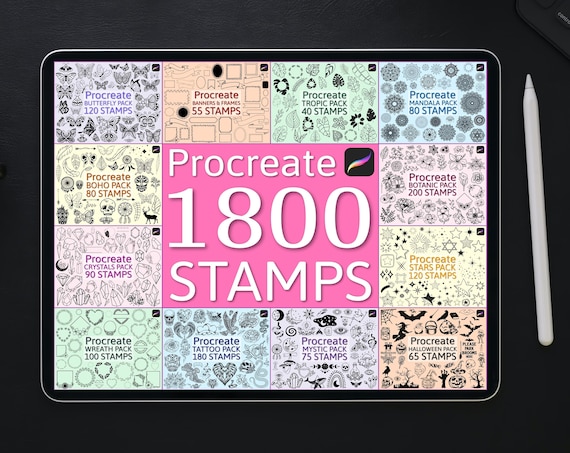 1800 Stamps bundle, Procreate stamps, Procreate brushes, Botanic stamps set, Boho iPad brushes, Mystic crystals stamps, Mandala tattoo stamp