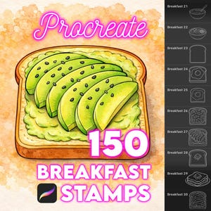 Puede incluir: Ilustración digital de tostadas de aguacate con la palabra "Procreate" arriba y "150 BREAKFAST STAMPS" abajo. La imagen incluye un logotipo de la aplicación Procreate y una lista de sellos con temática de desayuno.