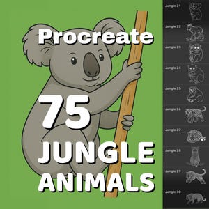 Procreate 75 Jungle animals stamps, includes koala, panda, cheetah
