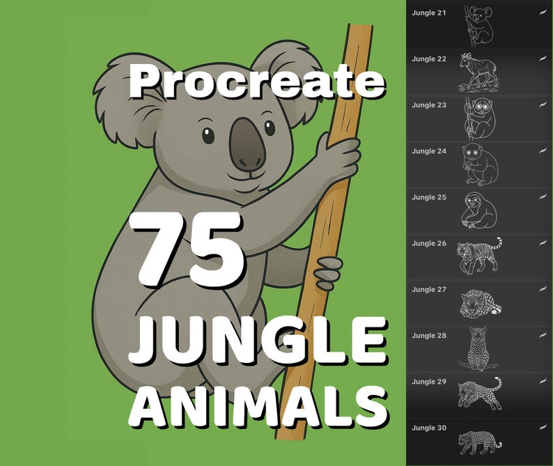 Procreate 75 Jungle animals stamps, includes koala, panda, cheetah