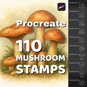 110 Mushrooms stamps pack, Botanical Procreate brushes, Fungi stamps for cottagecore illustrations & Eco-friendly designs
