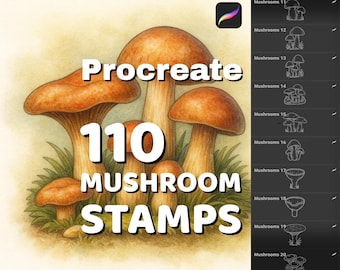 110 Mushrooms stamps pack, Botanical Procreate brushes, Fungi stamps for cottagecore illustrations & Eco-friendly designs
