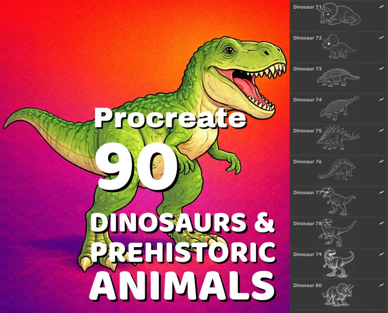 Procreate 90 Dinosaurs stamps, prehistoric animals stamps, dragon scale brushes
