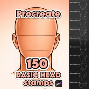 May include: Digital art illustration for Procreate featuring a stylized head with grid lines, and the text "Procreate 150 BASIC HEAD stamps". A side panel shows examples of basic head shapes.