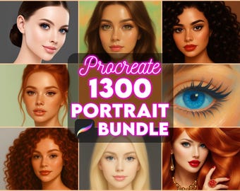 May include: A digital art collection titled Procreate 1300 Portrait Bundle, featuring a grid of eight diverse female portraits with varied hair colors, textures, and eye colors, plus a close-up of a blue eye and a Procreate brush icon.