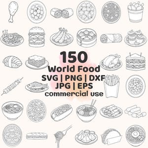 Może przedstawiać: Czarno-białe ilustracje r&oacute;żnych potraw z całego świata, w tym burgera, sushi, pizzy i tacos. Obraz zawiera tekst "150 World Food SVG | PNG | DXF | JPG | EPS commercial use."