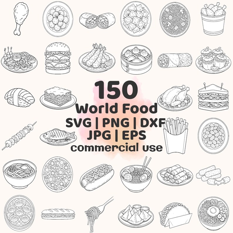 Może przedstawiać: Czarno-białe ilustracje r&oacute;żnych potraw z całego świata, w tym burgera, sushi, pizzy i tacos. Obraz zawiera tekst "150 World Food SVG | PNG | DXF | JPG | EPS commercial use."