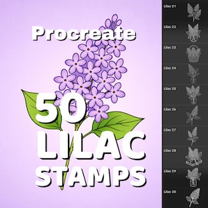 May include: A digital art graphic featuring a lilac flower illustration with the text "Procreate 50 LILAC STAMPS." The image has a purple background and includes a side panel with additional lilac stamp designs.