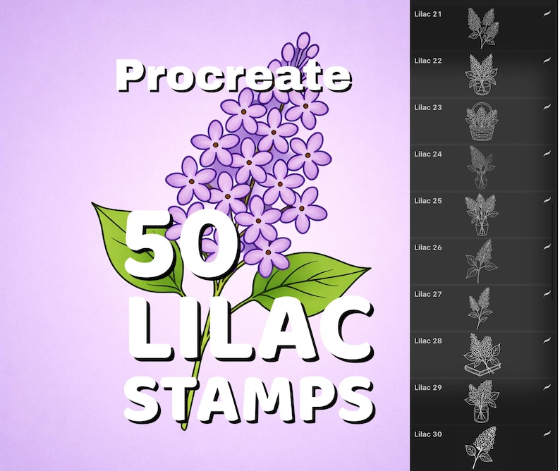 May include: A digital art graphic featuring a lilac flower illustration with the text "Procreate 50 LILAC STAMPS." The image has a purple background and includes a side panel with additional lilac stamp designs.