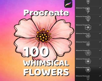 100 wunderliche Blumen Procreate Stempel, botanische Pinselpackung, handgezeichnete Blumenstempel für Illustrationen