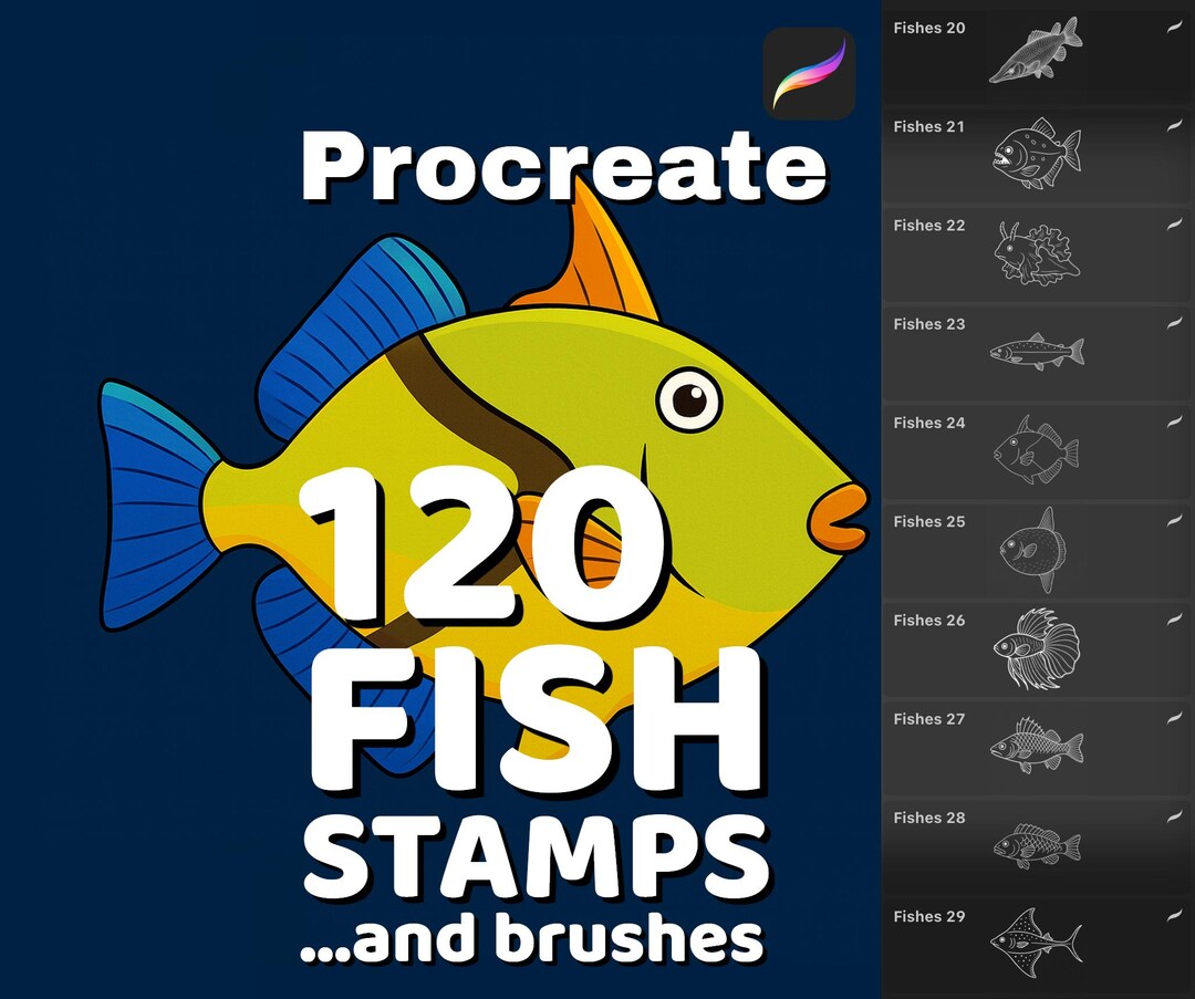 120 Fish Stamps & Scale Brushes for Procreate, Nautical Digital Art Kit ...