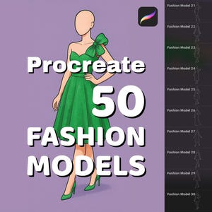 May include: Digital illustration featuring a green dress on a fashion model. The image includes the text "Procreate 50 FASHION MODELS" in white. A Procreate app icon is in the top right corner. The background is a solid purple color.