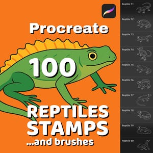 Op de afbeelding: Illustratie voor Procreate met een groene hagedis met een gele kam op een oranje achtergrond. Tekst: "Procreate 100 Reptiles Stamps...and brushes." Een zijpaneel toont reptielenstempelcontouren. Ideaal voor digitale kunst.