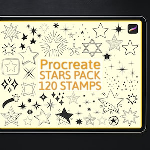 May include: A digital tablet screen displaying a collection of 120 hand-drawn star stamps for the Procreate app. The stars are in various styles, including simple, detailed, and with a variety of textures.