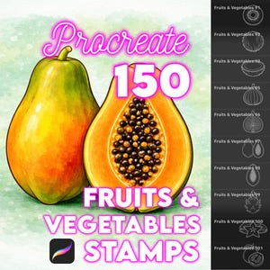 150 Fruits & Vegetables stamps, Procreate brushes for Apparel prints designs, Vegan branding tools