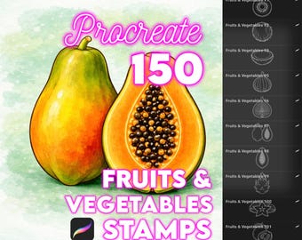 150 Fruits & Vegetables stamps, Procreate brushes for Apparel prints designs, Vegan branding tools