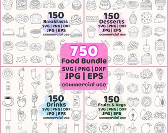 750 Essen & Getränke SVG Bundle für Kochbekleidung, Obst Gemüse Vektor, Frühstück PNG Packung