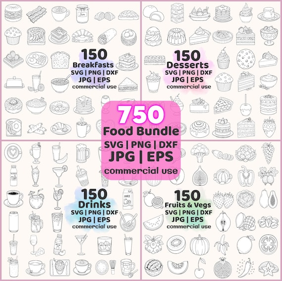 750 Food & Drinks SVG Bundle for cooking apparel, Fruits Vegetables vector, Breakfast PNG pack