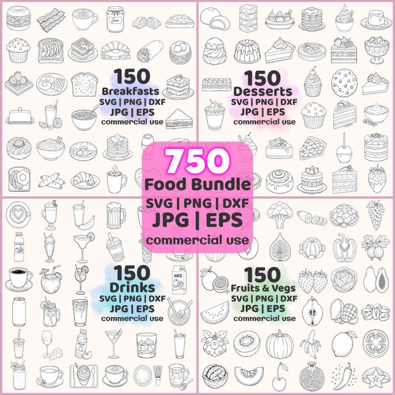 750 Food SVG bundle, PNG SXF JPG EPS pack for commercial use