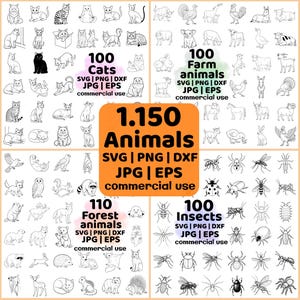 May include: A digital collection of 1,150 animal illustrations including cats, farm animals, forest animals, and insects. The set features black and white line art designs in SVG, PNG, DXF, JPG, and EPS formats, organised into four distinct categories.
