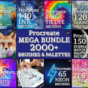 2000+ Procreate brushes and palettes, iPad brushes, Tie Dye brushes, Neon brushes, Digital lettering, Ink brushes set, Oil pastel watercolor