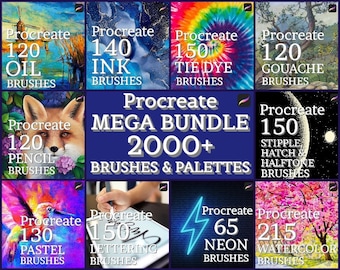 2000+ Procreate brushes and palettes, iPad brushes, Tie Dye brushes, Neon brushes, Digital lettering, Ink brushes set, Oil pastel watercolor