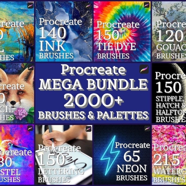 2000+ Procreate brushes and palettes, iPad brushes, Tie Dye brushes, Neon brushes, Digital lettering, Ink brushes set, Oil pastel watercolor