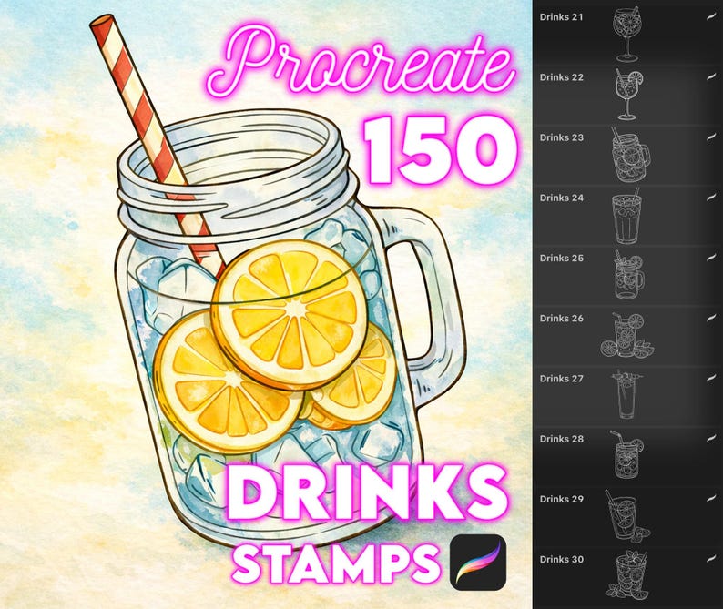 750 Food and drinks stamps bundle for Procreate